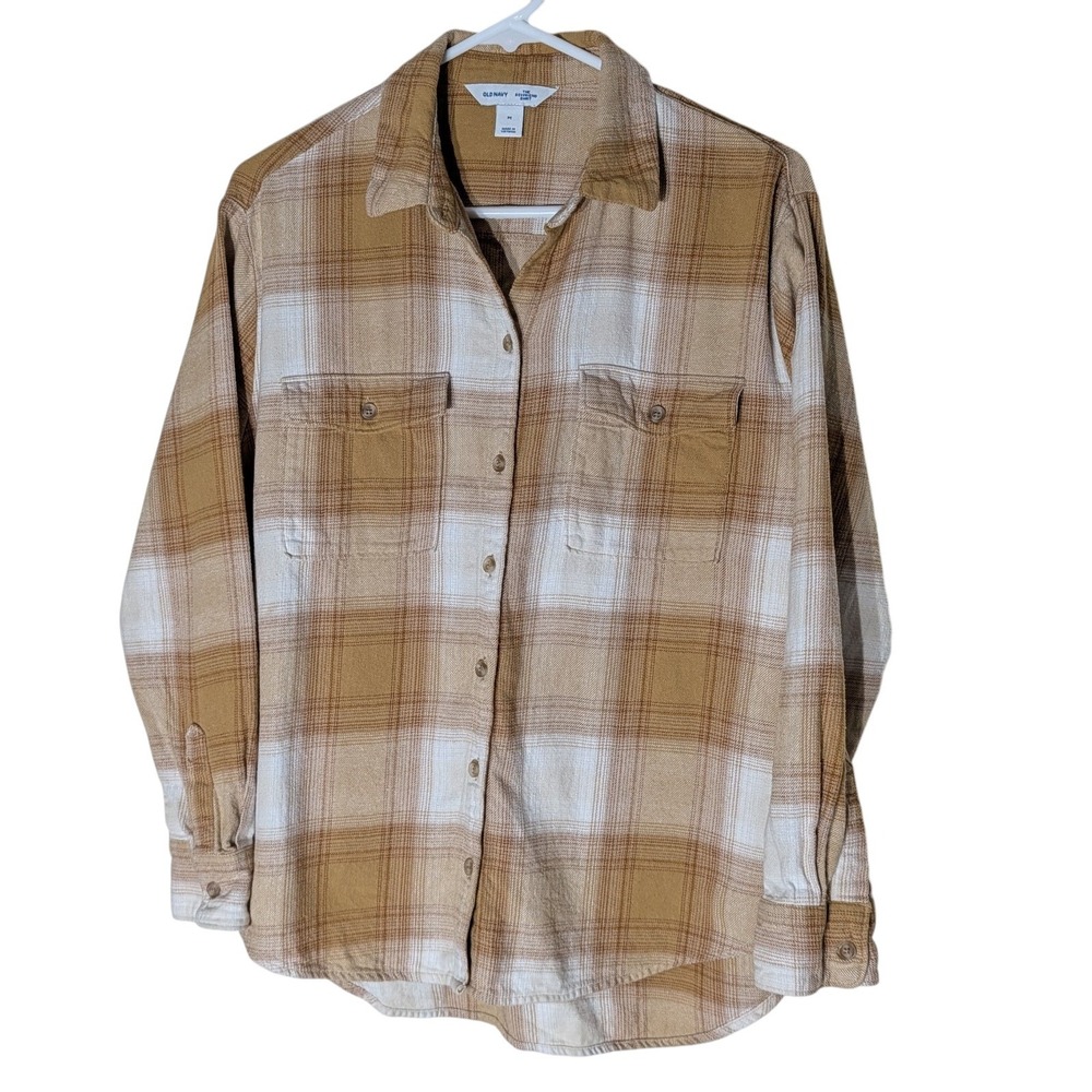 Old Navy Boyfriend Shirt Winter Brown Tan Plaid Flannel Button Up Womens‎ Medium